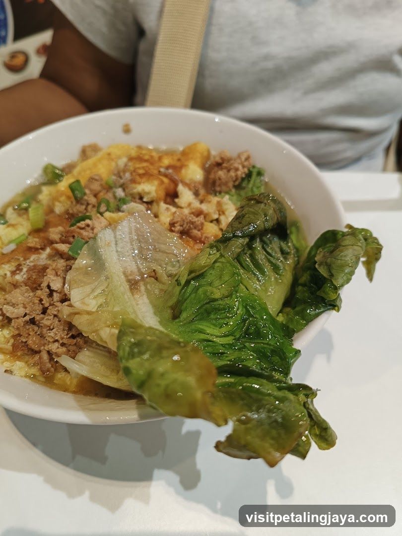 Bowl of Noodle Dish with Greens and Minced Meat