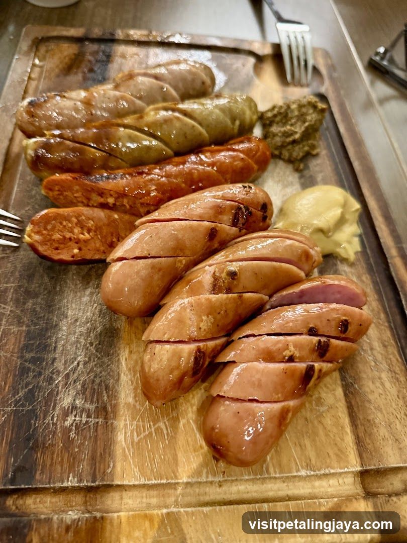 Grilled Sausages on Wooden Board