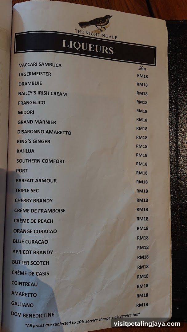 The Nightingale Liqueurs Menu