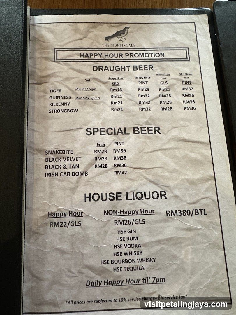 The Nightingale Happy Hour Promotion Menu