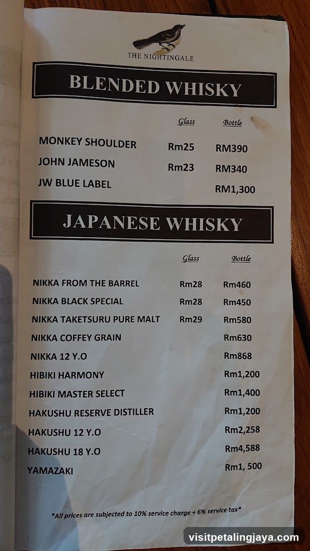 The Nightingale Whisky Menu