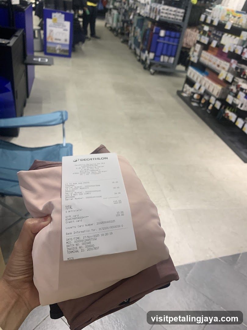 Decathlon receipt and clothing items