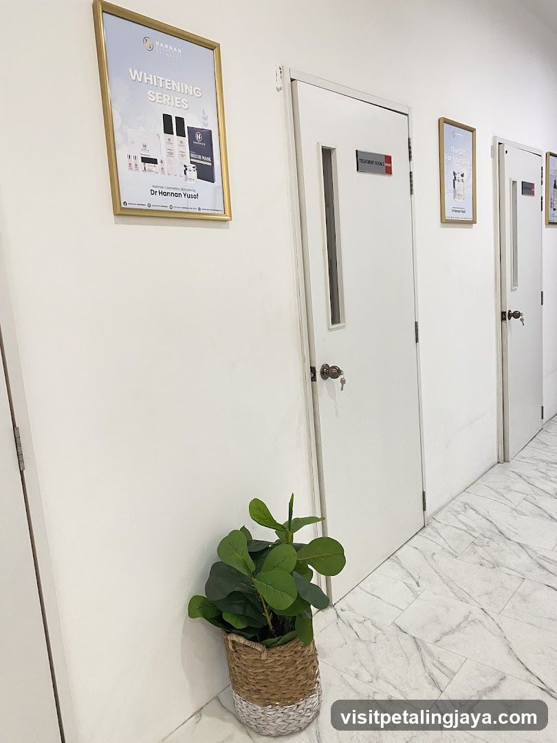 Interior hallway with promotional posters and potted plant