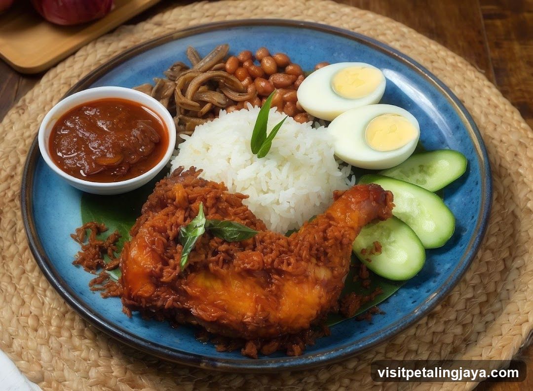 Nasi Lemak Plate with Fried Chicken and Side Dishes