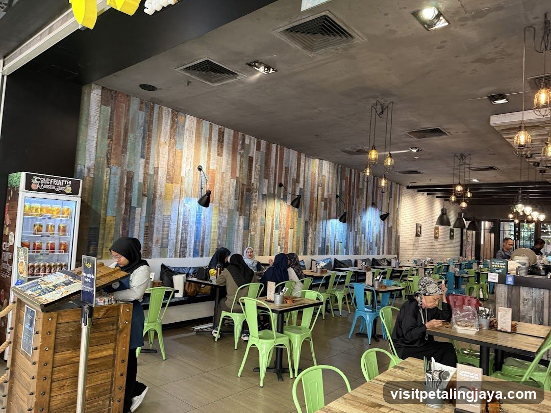 Restaurant Interior with Wooden Wall and Hanging Lights