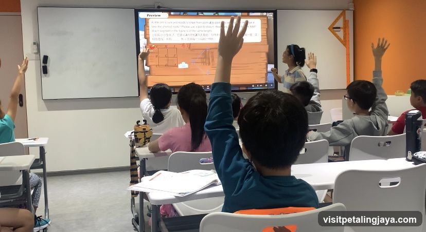 Classroom with students raising hands