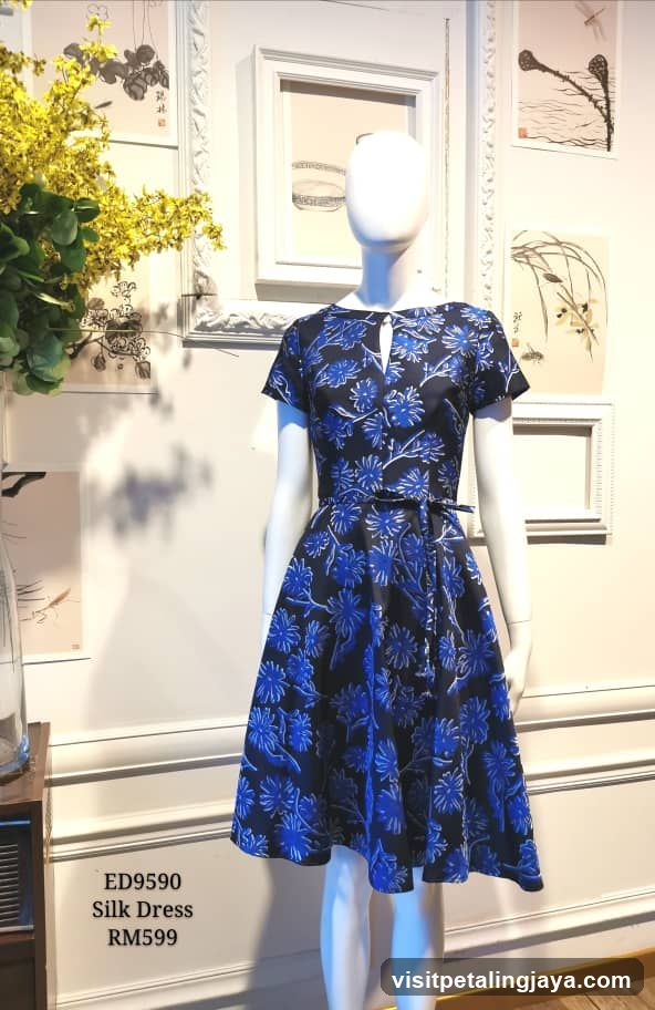 Blue Floral Silk Dress Display