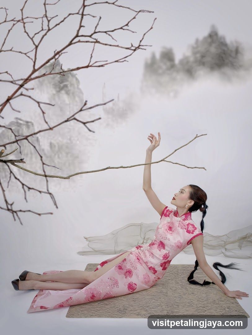 Elegant Pink Qipao in Ethereal Setting