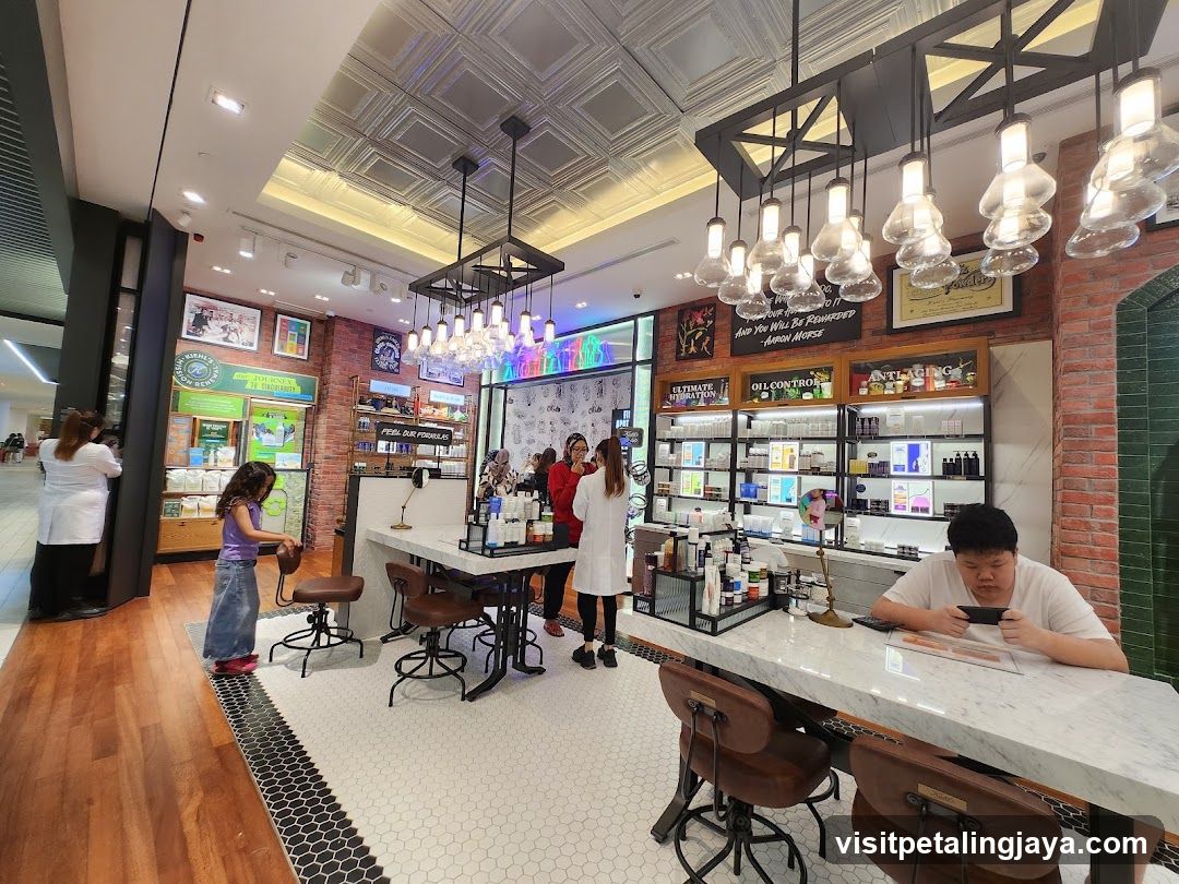 Interior of a beauty or cosmetics store with customers and staff