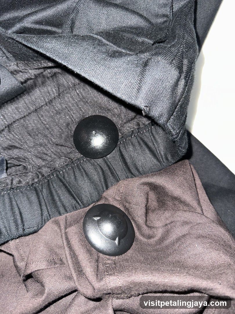 Close-up of fabric buttons and stitching