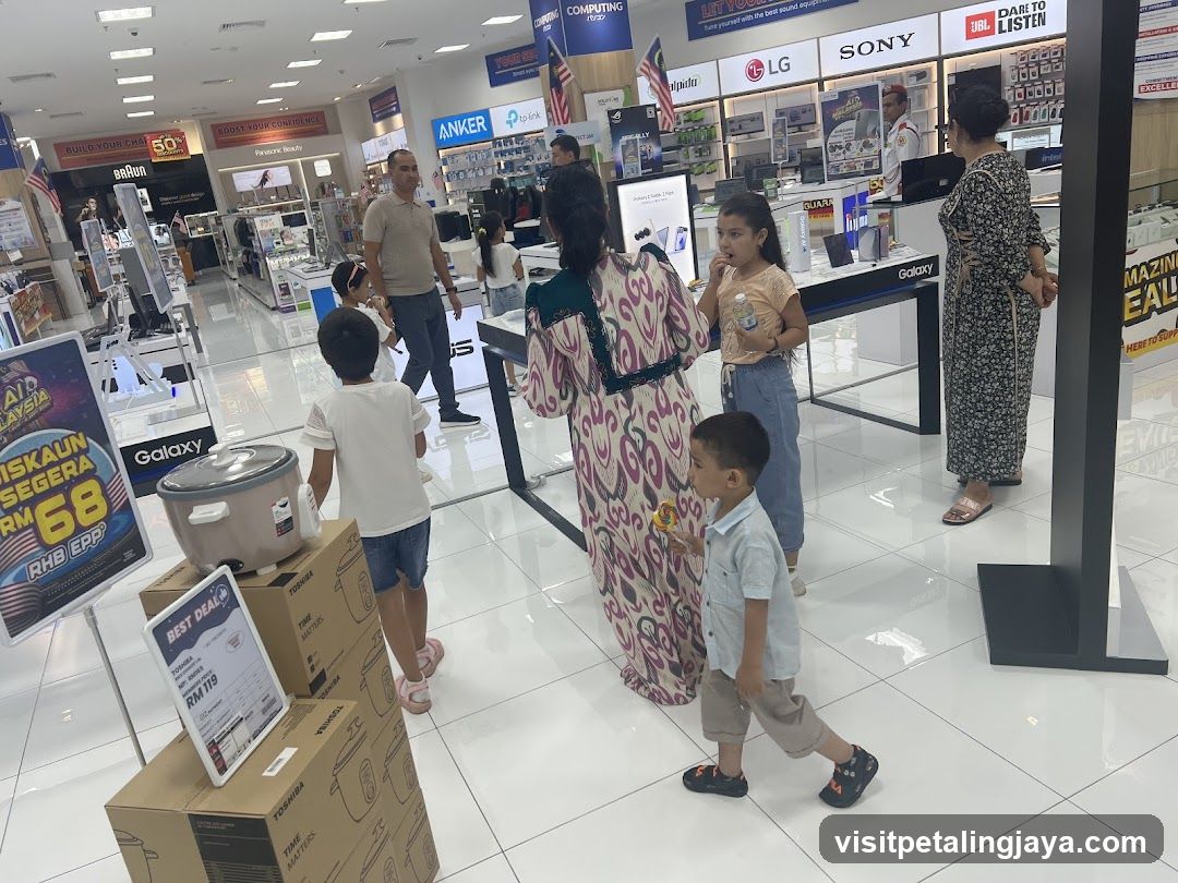 Electronics Store Interior with Shoppers and Displays