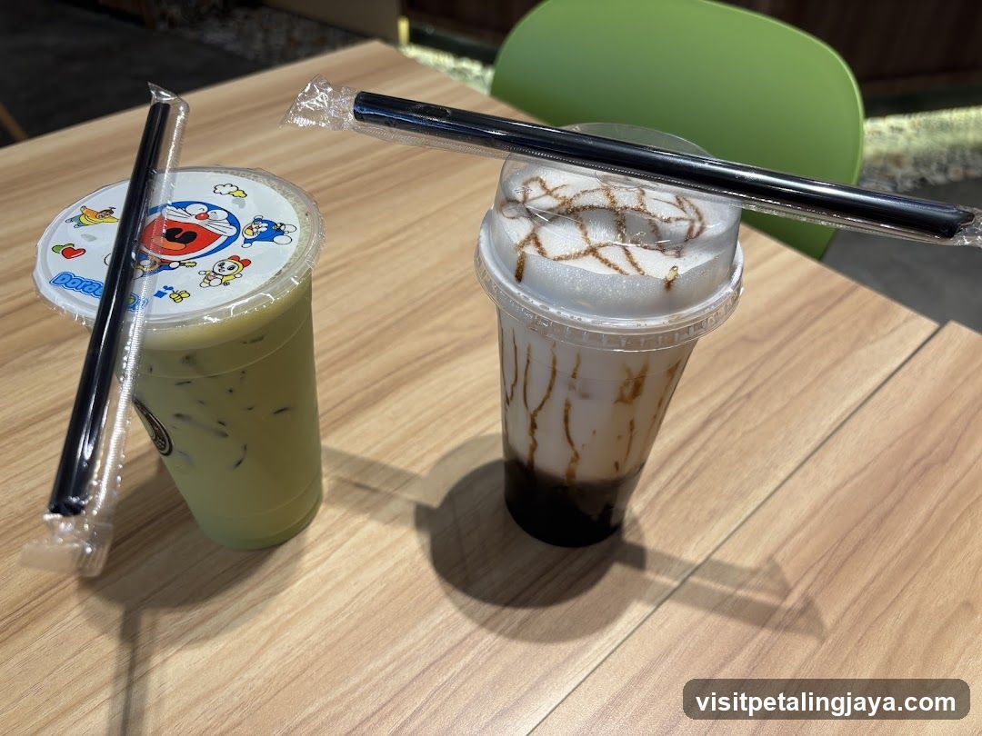 Doraemon-themed drinks on a wooden table