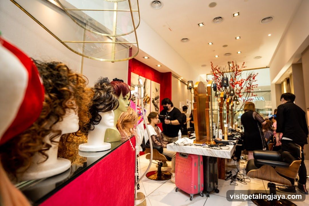 Hair Salon Interior with Wigs and Stylists