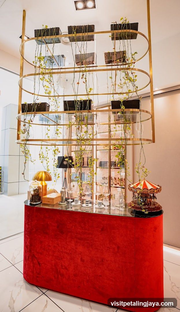 Red Velvet Reception Desk with Hanging Plants