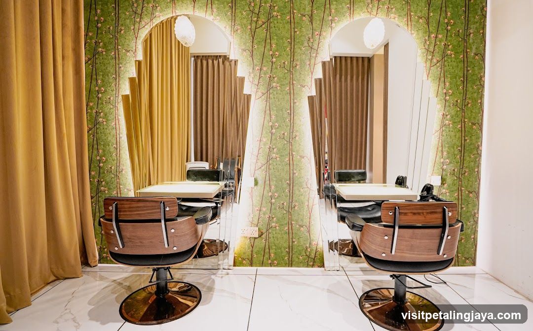 Salon Interior with Mirrored Walls and Wooden Chairs