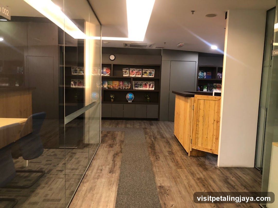 Office Interior with Reception Desk and Bookshelves