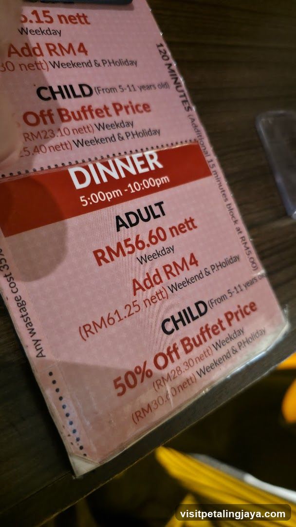 Dinner Buffet Price List