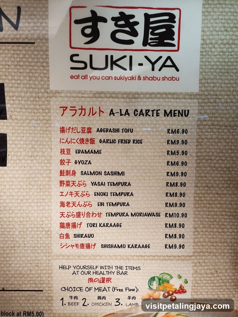 SUKI-YA A-La Carte Menu