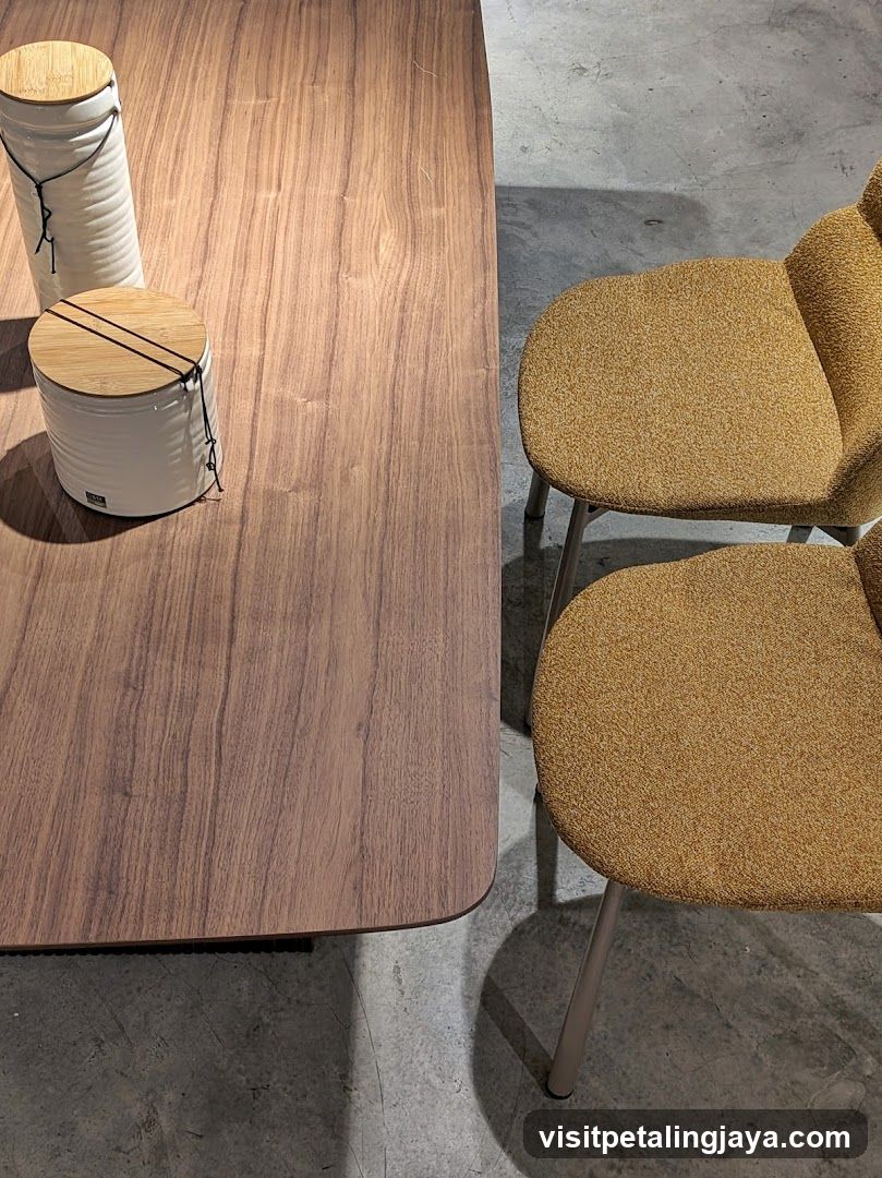 Wooden Table with Ceramic Jars and Textured Chairs