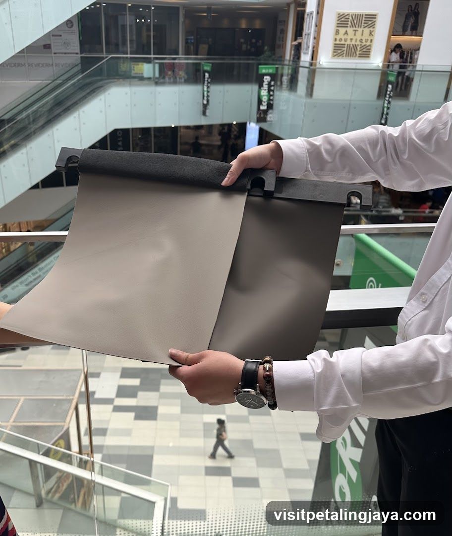 Person holding fabric samples in mall