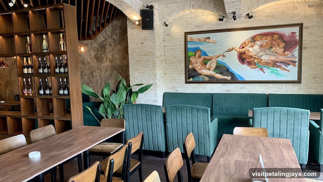 Interior of a restaurant or cafe with classical art
