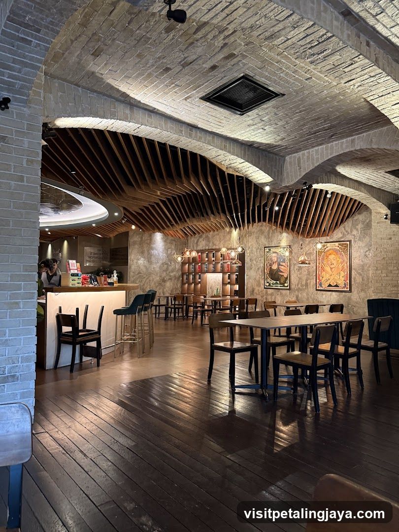 Interior of a modern café with exposed brick and wooden elements
