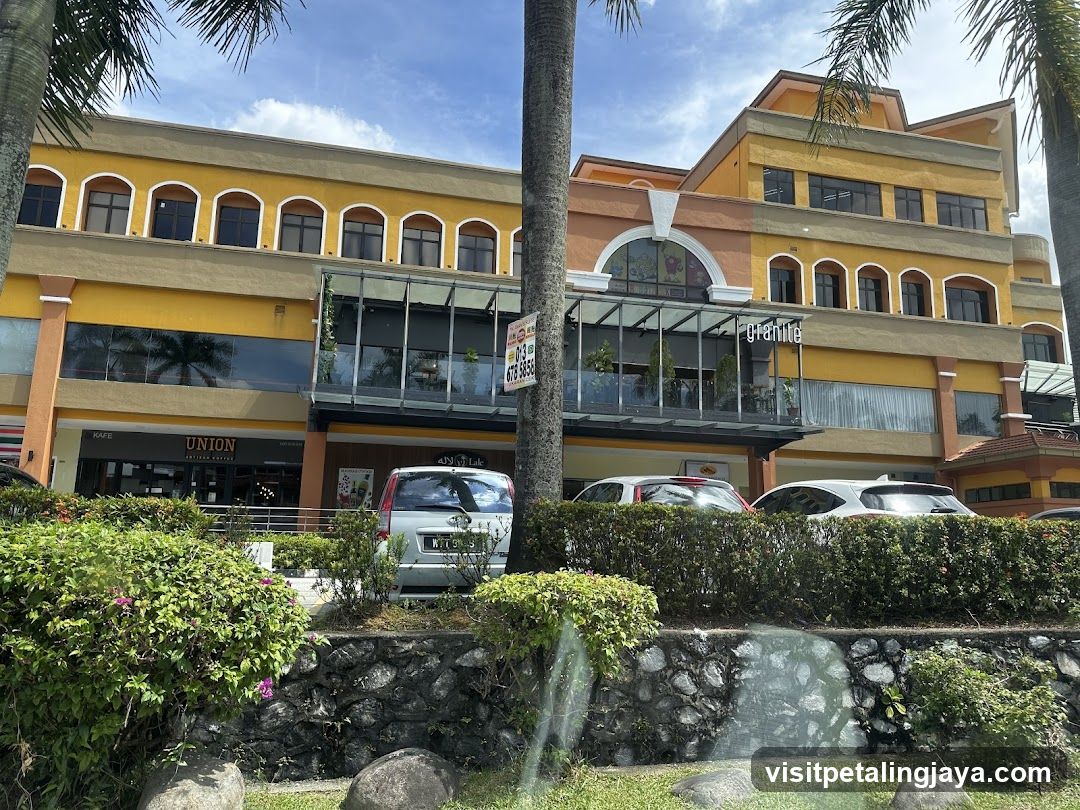 Shopping Center Exterior with Storefronts and Parking Area