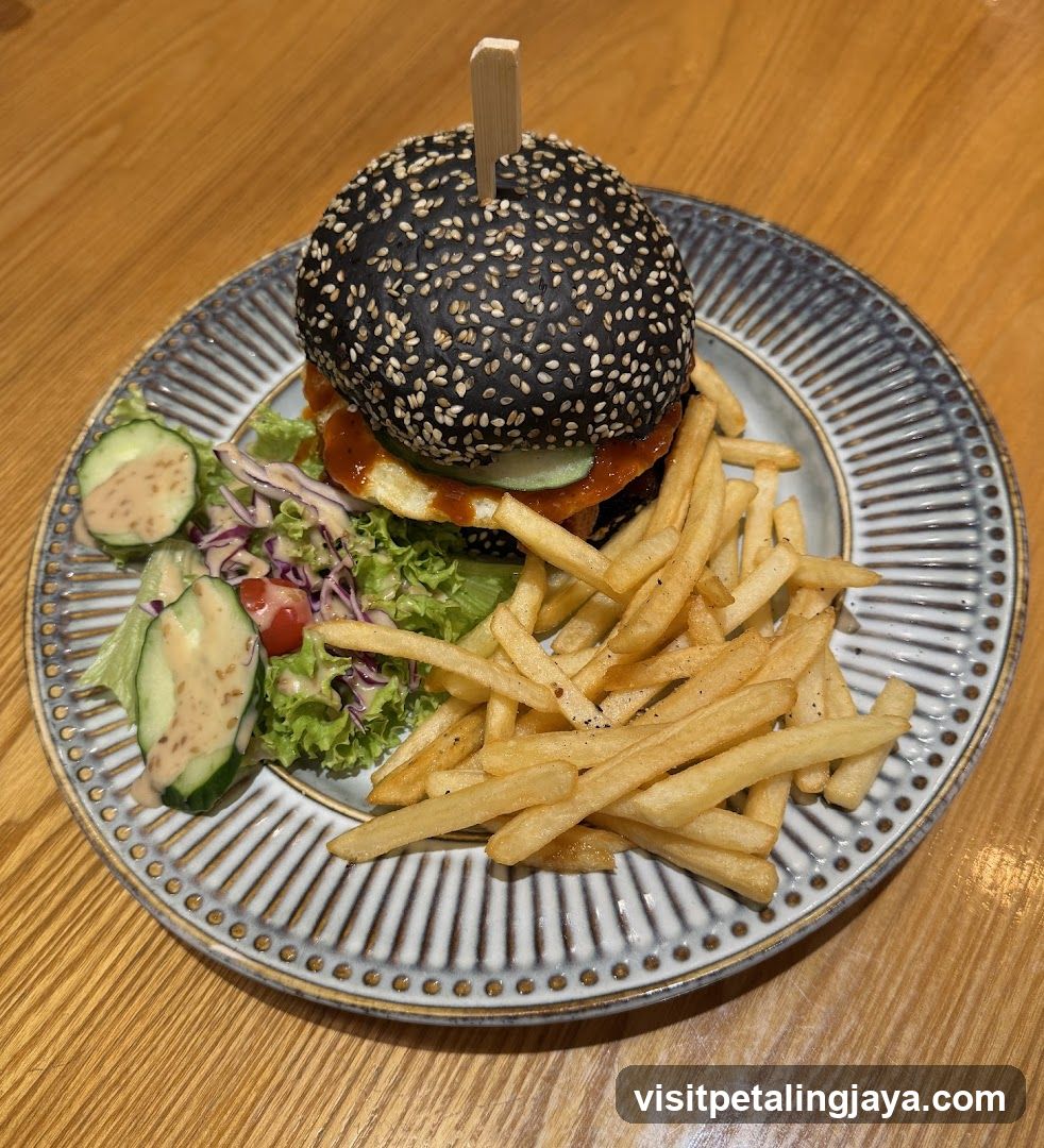 Black Sesame Burger with Fries and Salad