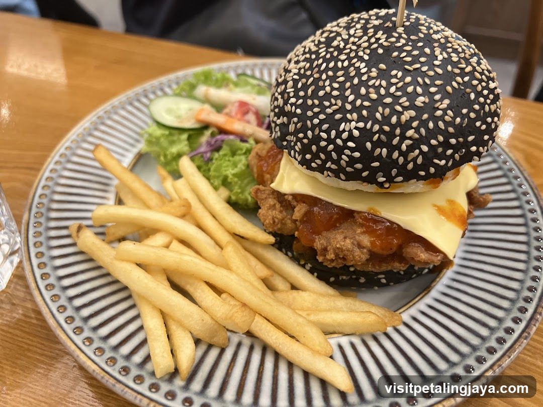 Black Sesame Burger with Fries and Salad