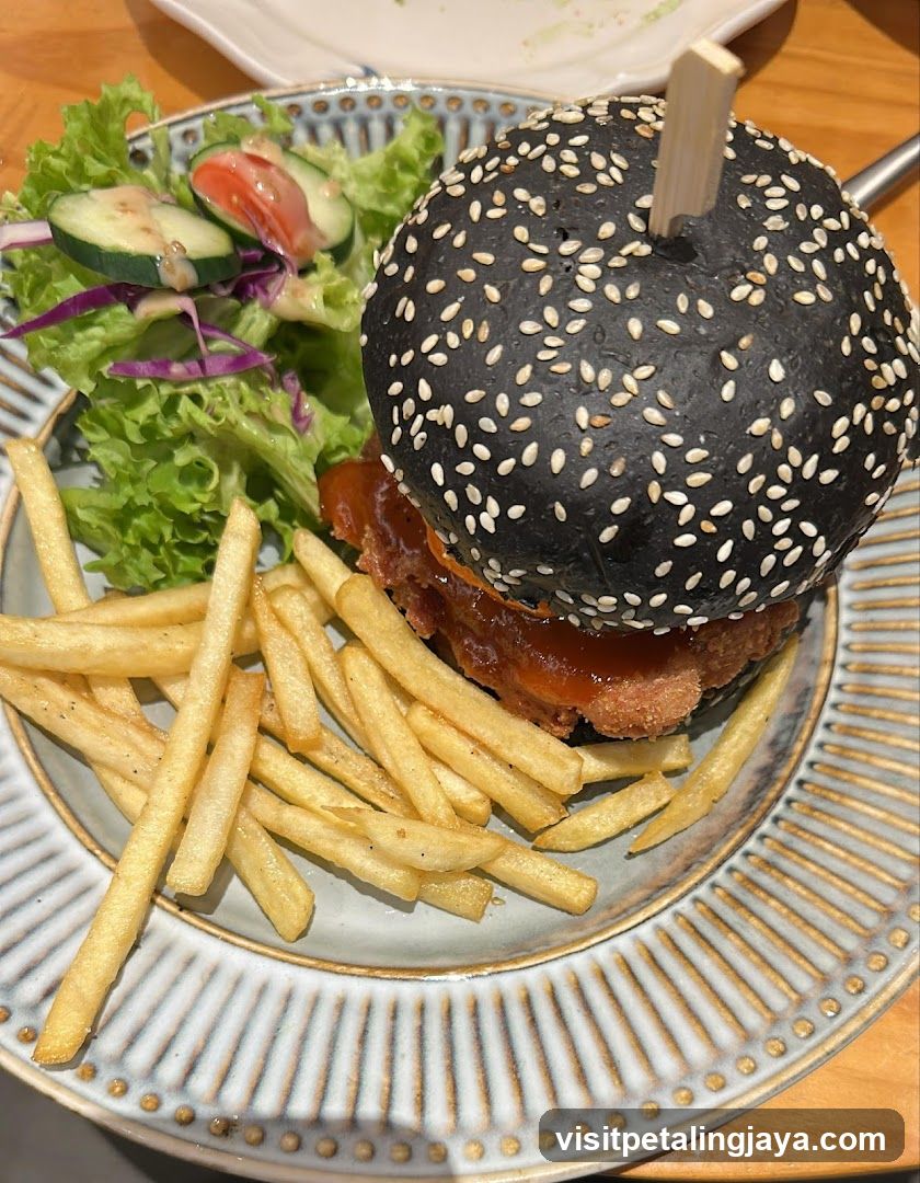 Black Sesame Burger with Fries and Salad