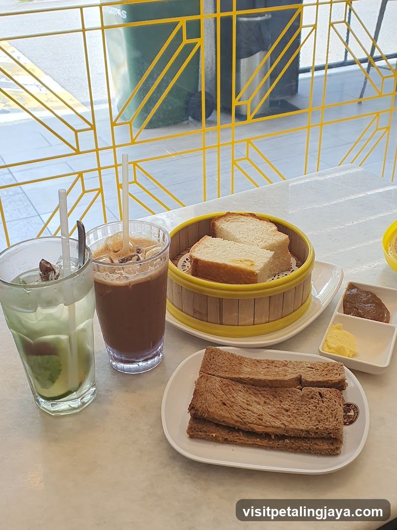 Breakfast Spread with Toast and Drinks