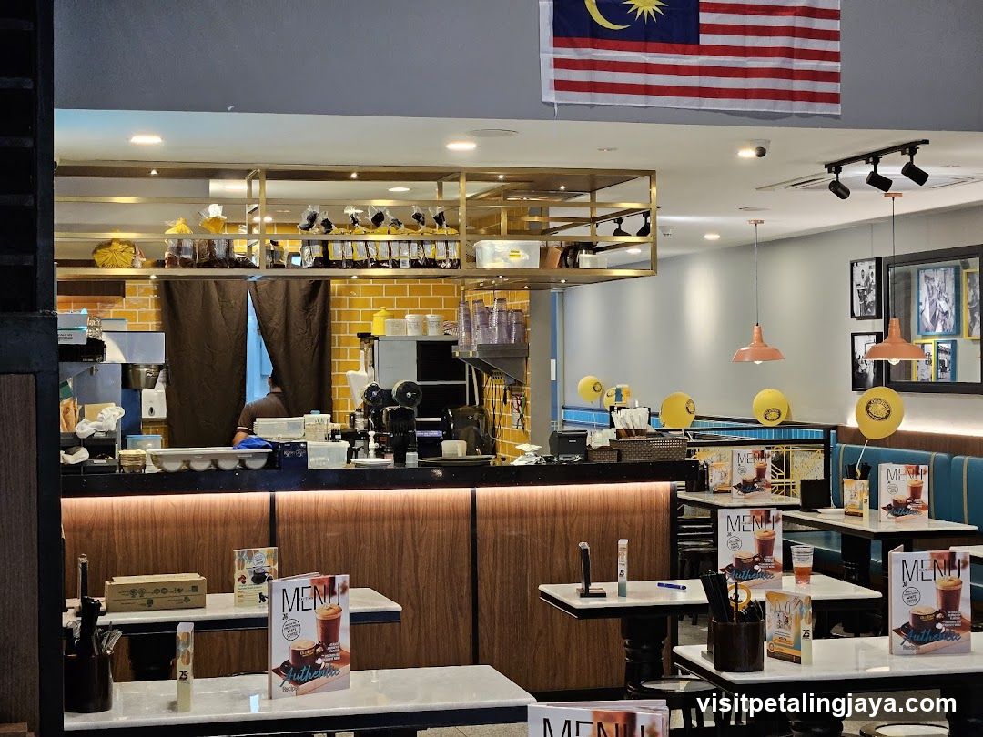 Coffee Shop Interior with Malaysian Flag