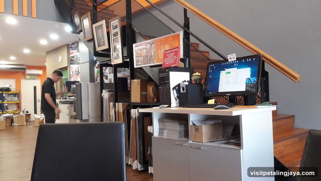 Office Interior with Staircase and Workstation