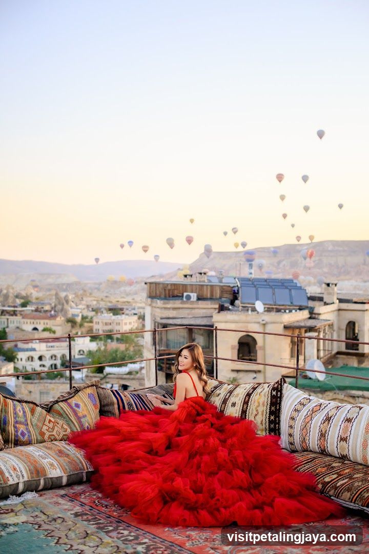 Red Dress on Rooftop with Balloons