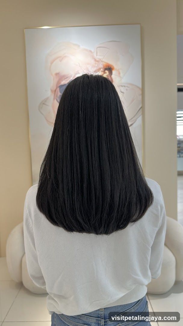 Back view of person with long black hair in salon interior