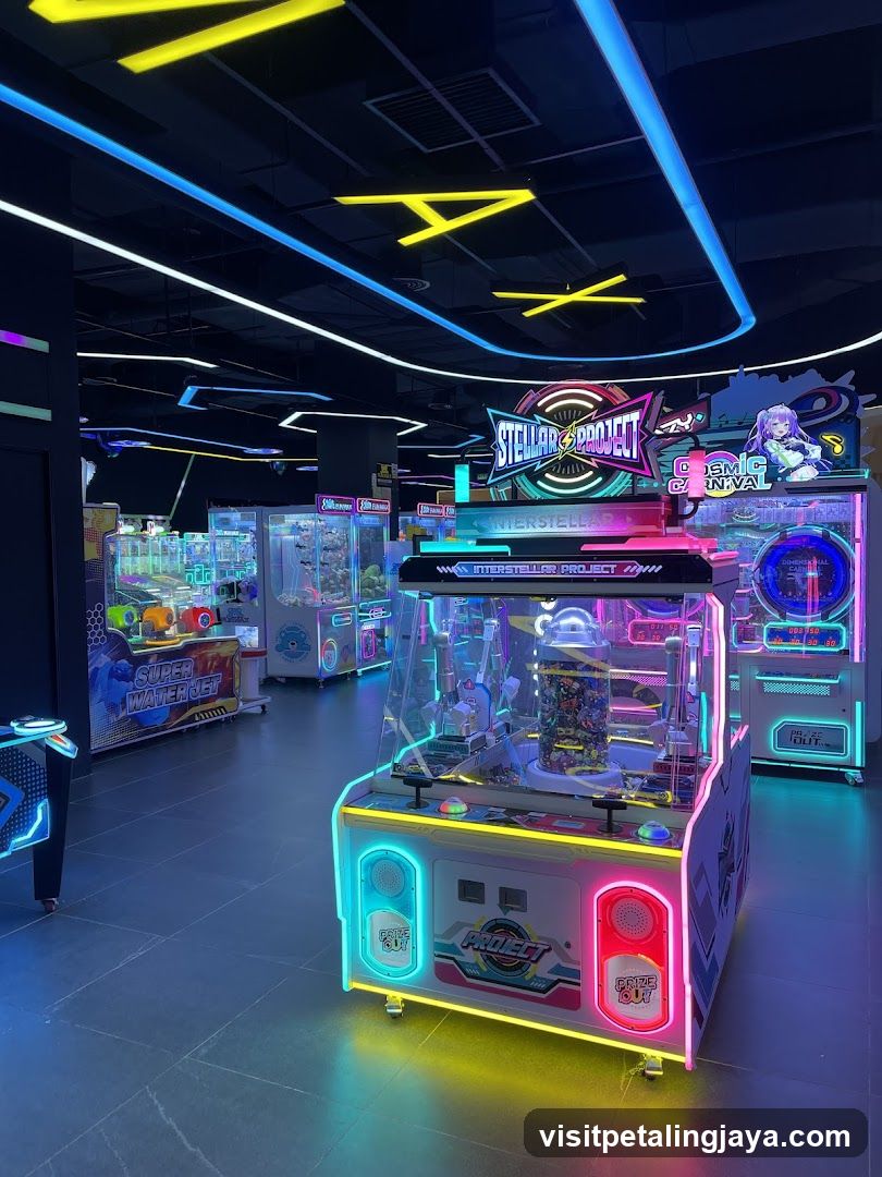 Arcade Interior with Neon-Lit Claw Machines