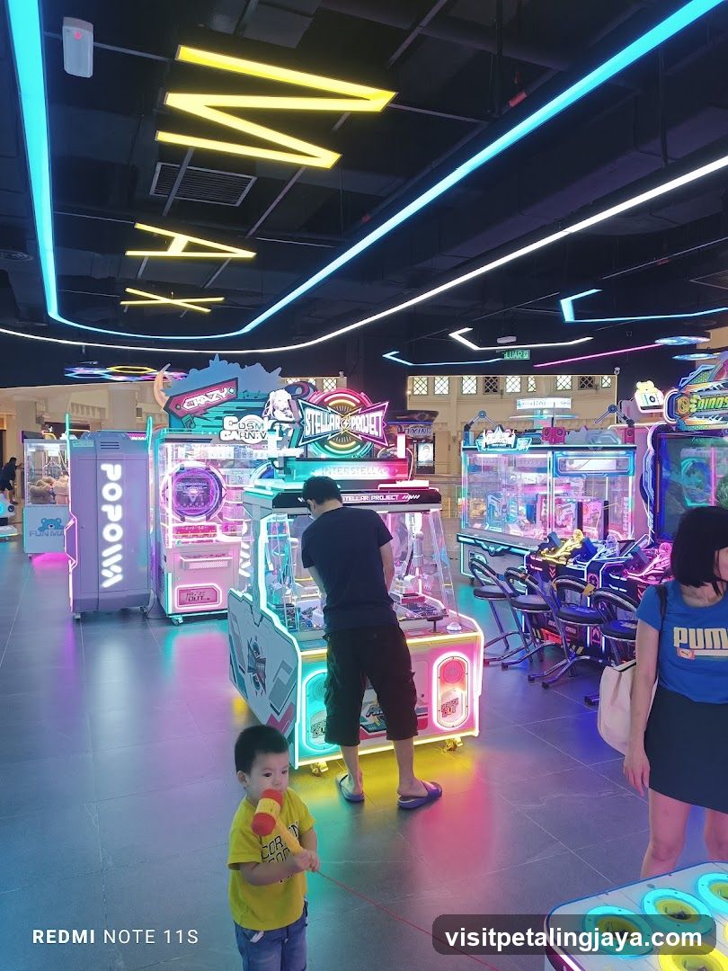 Arcade Interior with Neon Lights and Arcade Games