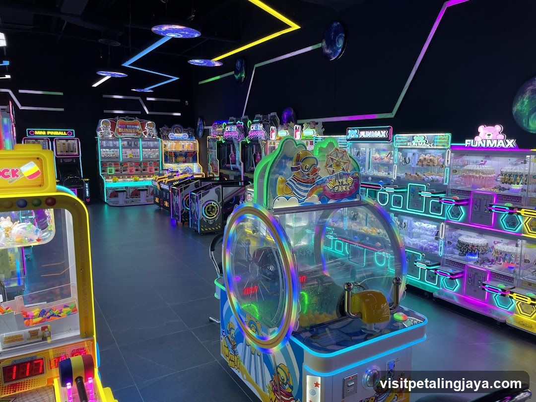 Arcade Interior with Neon-Lit Games