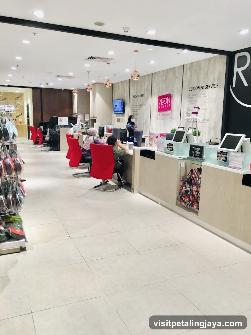 Interior of a retail store with customer service desk