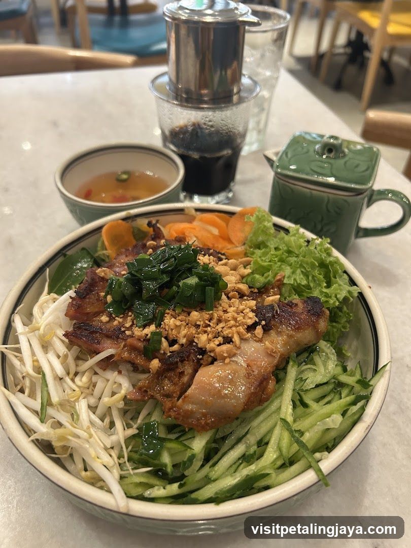 Vietnamese-style noodle bowl with toppings
