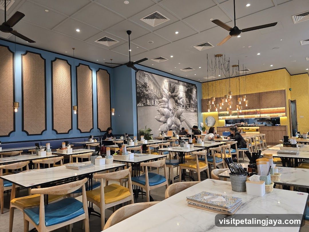 Restaurant Interior with Blue and Yellow Walls
