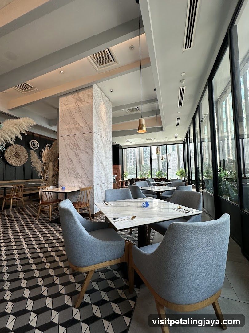 Modern Restaurant Interior with Geometric Tiles and Large Windows