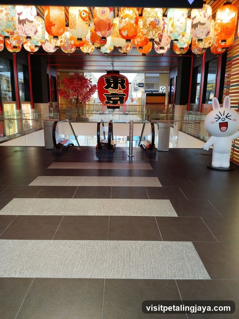 Tokyo-themed mall interior with Line Friends mascot and lanterns