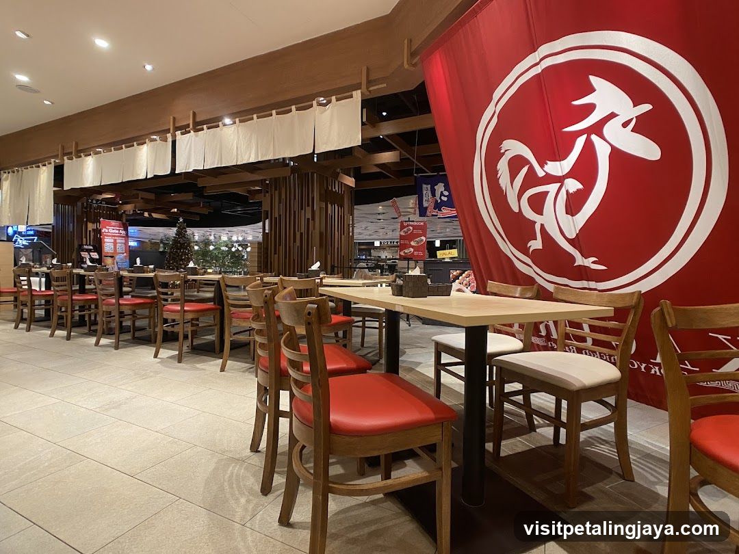 Restaurant Interior with Red Banner and Wooden Tables