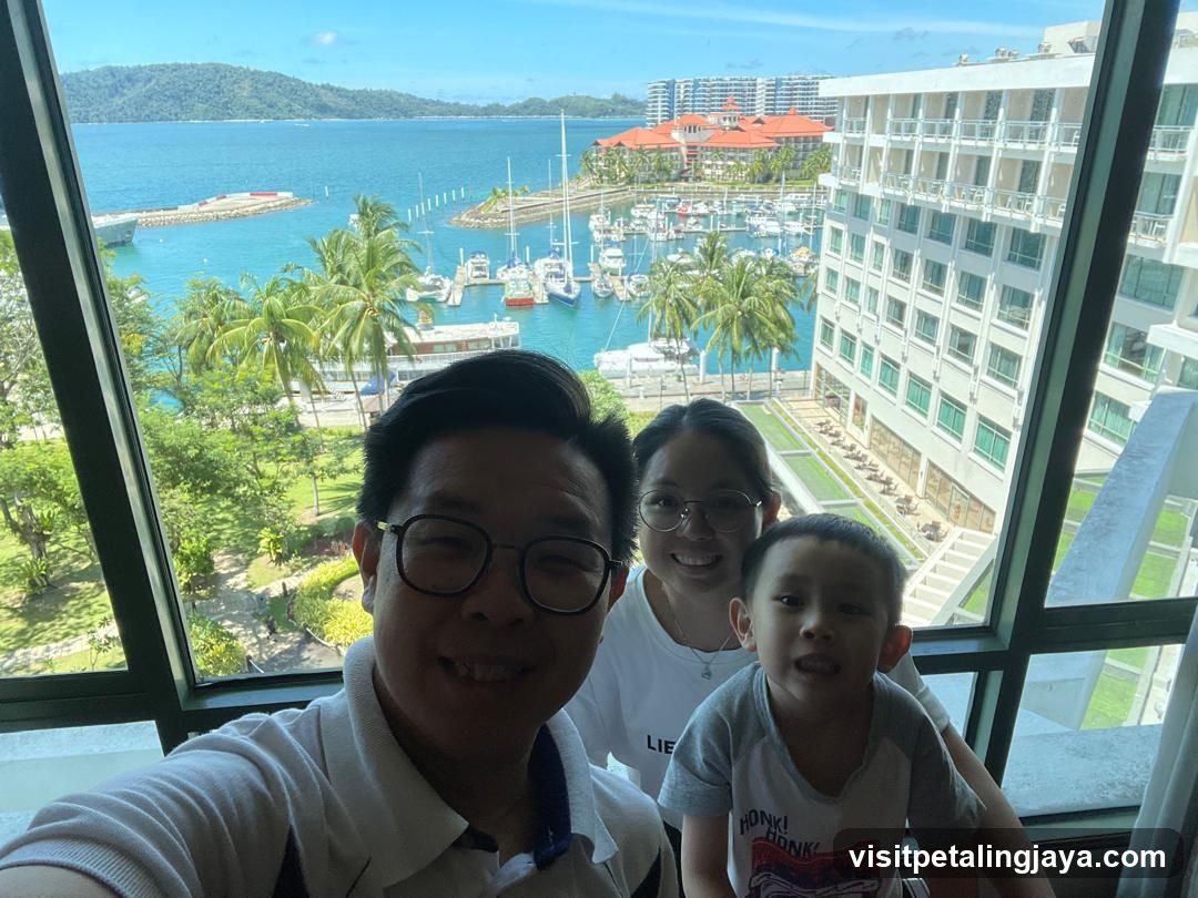 Family selfie with harbor view