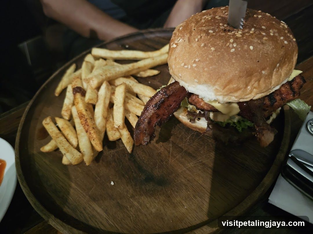 Burger and Fries on Wooden Platter