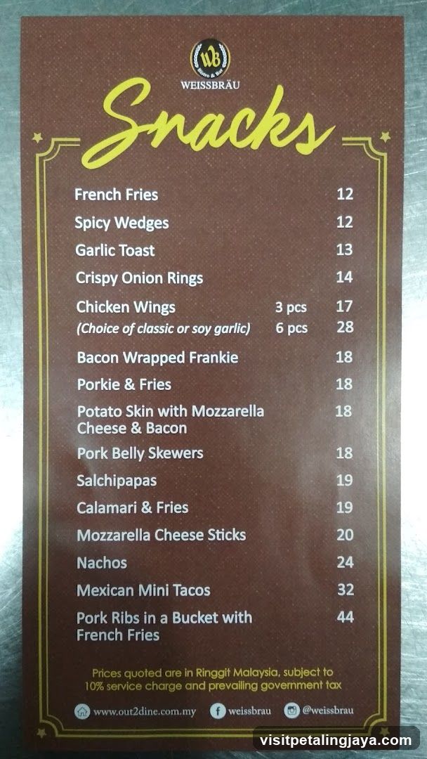 Weissbräu Snacks Menu