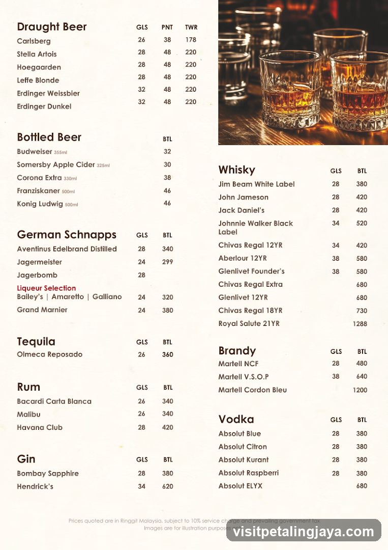 Draught Beer, Bottled Beer, Whisky, Brandy Menu