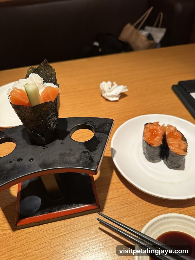 Sushi and Gyoza on a Wooden Table
