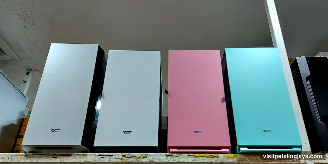 Colorful Computer Cases on Shelf